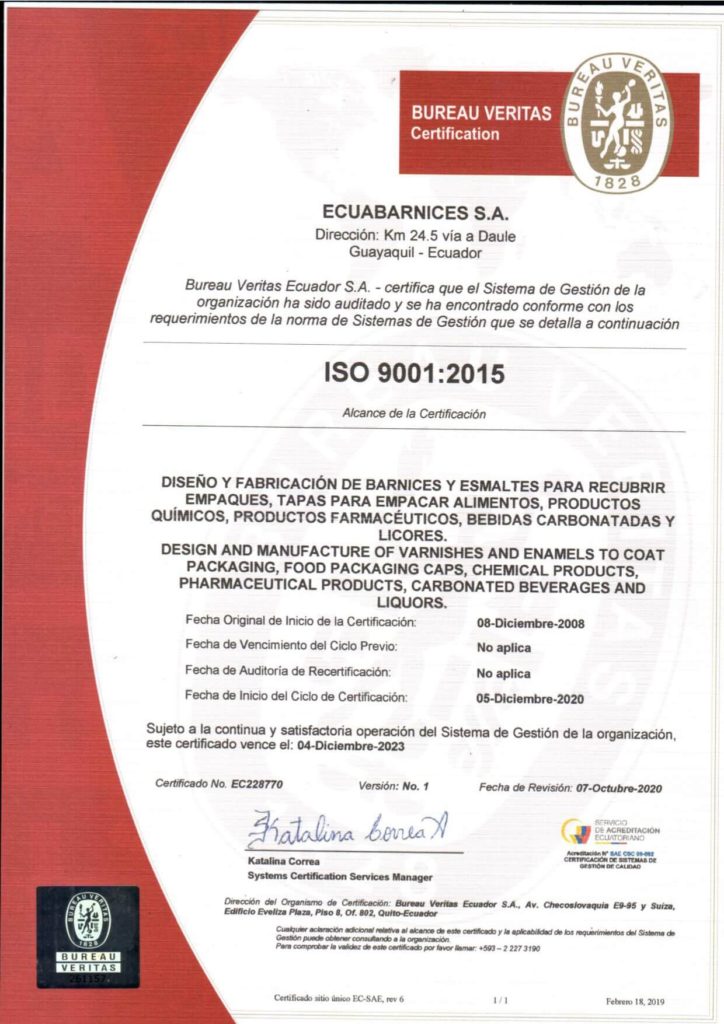 Recertificación En Normas Iso 9001 2015 Ecuabarnices